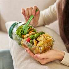 侧开盖防漏沙拉盒 | 便携式梅森罐沙拉午餐盒，带调料杯 | 可放入洗碗机清洗 - 适用于旅行、健身房、办公室、户外 - 查看 3