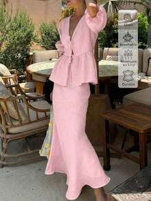 2pcs Linen Casual Elegant Vacation & Daily Wear Outfits, Casual Dresses, Casual Women Outfits, Summer Holiday Outfits, Elegant Women's Set - Pink - View 3