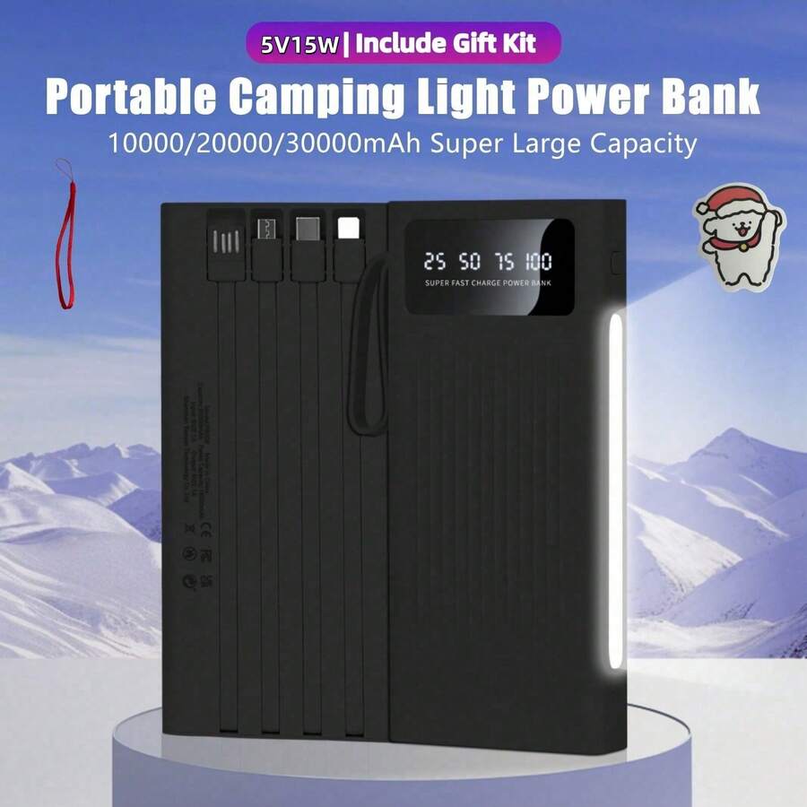Pin dự phòng sạc nhanh di động dung lượng siêu lớn 10000/20000/30000mAh 5V2A, Bộ sạc phong cách tối giản cho doanh nhân, Thiết kế với 4 dây cáp, Đèn cắm trại siêu sáng 4 chế độ, Phải có khi đi du lịch, Dành cho iPhone 6 7 8 X XR 11 12 13 14 15 16 Pro Max Dành cho iPad, Điện thoại Android, Quà tặng cho gia đình, bạn bè, trẻ em, Sinh nhật, Giáng sinh, Mùa đông, tối Thích hợp cho hoạt động vui chơi ngoài trời, Mua sắm, Du lịch, Nguồn điện di động Sạc siêu nhanh, Màn hình LED hiển thị nguồn, Bộ sạc di động cho thiết bị Android và iPhone có cổng USB và Type-C, Pin lithium polymer an toàn và ổn định. - màu đen - Xem 1