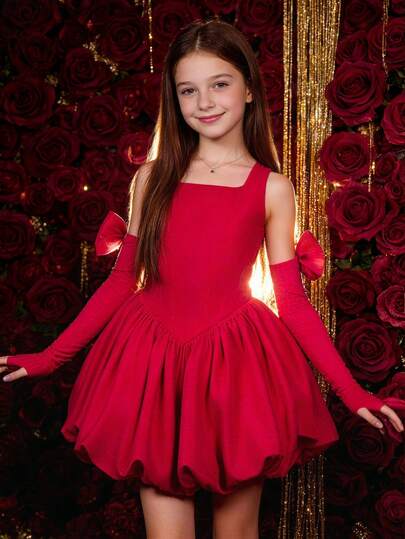 Tween Girl Red Bow Party Elegant Dress, Floral Bubble Dress, Princess Dress Suitable For Girls Birthday Party, Banquet, Evening Gala, Prom, Wedding, Flower Girl, Bridesmaid Dress