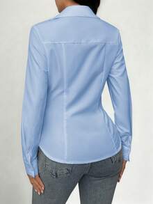 Nora Noon 女士春夏休闲修身梭织长袖衬衫，适合假日派对、生日和节日庆典，以及海滩度假风格 - 淺藍色 - 查看 3