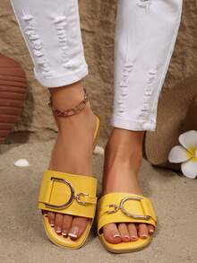 Sandalias planas de moda para mujer, con decoración de hebilla con estilo, zapatos planos casuales de verano, atuendos de playa - Amarillo - Ver 6