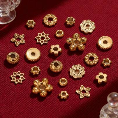 20 Pcs 6/8mm 304 Stainless Steel Flat Round Flower Spacer Beads Gold Plated Loose Bead Cap For DIY Needlework Jewelry Making Bracelet