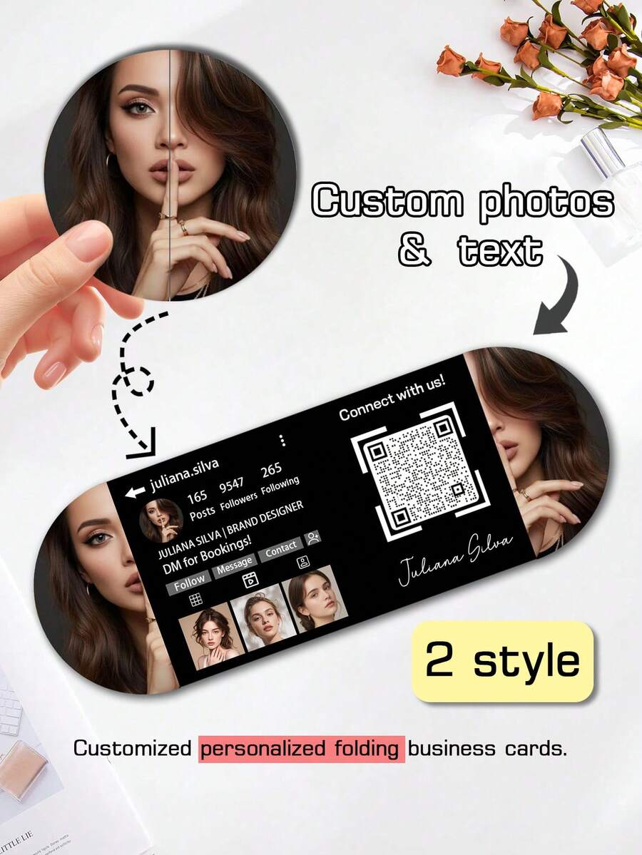 200/500/1000pcs Customized Photo Hairstylist Social Folding Business Card Template, Personalized Social Media Card, Personal Profile Display Folding Card With QR Code, Suitable For Influencers, Hair Brand Designers, Hair Salon Content Creators And Cosmetic Stores Promotional Cards, Foldable Business Cards For Online And Brand Promotion, Best Business Office Supplies, Personalized Gifts, Customized Business Cards - Multicolor - View 1