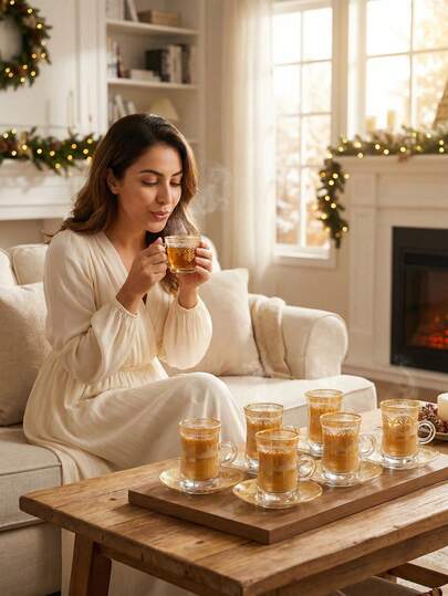 6件套玻璃咖啡杯碟套装，适用于家庭厨房、餐厅、客厅，可用于盛装茶、咖啡、牛奶、果汁，也可用于婚礼、派对、送礼、生日等场合。