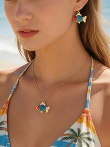2pcs/Set Retro Fresh Ocean Style Enamel Colorful Fish Pendant Earrings Necklace Set, Women's Summer Beach Vacation Photography Outfit Jewelry Set - Golden Yellow + Colorful - View 3