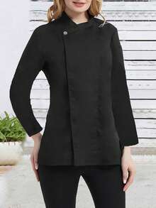 Blusa de uniforme de cocina de manga larga y unicolor informal para mujeres - Negro - Ver 1