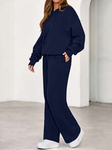 Womens Sweatsuits 2 Piece Set Casual Winter Long Sleeve Hoodie Loose Wide Leg Sweatpants Fall Tracksuit Spring Fall Clothes For Women Valentine Vacation Outfits Women - 海軍藍色 - 查看 3