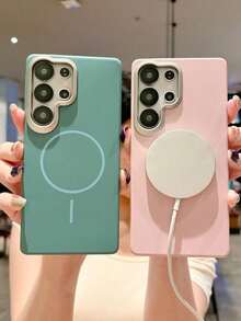 适用于三星 Galaxy S25 S24 S23 S22 Ultra Plus S25 EDGE A15 A25 A16 A55 A56 5G 的豪华磁吸电镀镜头无线充电手机壳，柔软防震保护套 - 粉色 - 查看 4