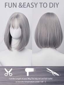 12 Inch Silver Gray Bobbed Wig With Bangs - High Quality Synthetic Material, Adjustable Cap, Natural Parting | Y2K Style - Silver - View 5