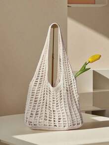 Yogodlns Fashionable Crochet Woven Bag, Women's Summer Beach Tote Bag, Stylish Handbag, Bohemian Style Crochet Shoulder Bag, Hollow Crochet Shoulder Bag, Underarm Bag, Large Capacity Crochet Bag, Shopping Tote Bag, Casual Beach Bag, Commuter Bag, Bohemian Style Women's Outfit J7XR - 黑色 - 查看 1