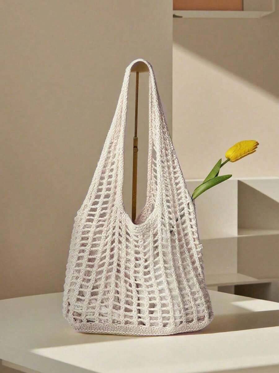 Yogodlns Fashionable Crochet Woven Bag, Women's Summer Beach Tote Bag, Stylish Handbag, Bohemian Style Crochet Shoulder Bag, Hollow Crochet Shoulder Bag, Underarm Bag, Large Capacity Crochet Bag, Shopping Tote Bag, Casual Beach Bag, Commuter Bag, Bohemian Style Women's Outfit J7XR - 黑色 - 查看 1