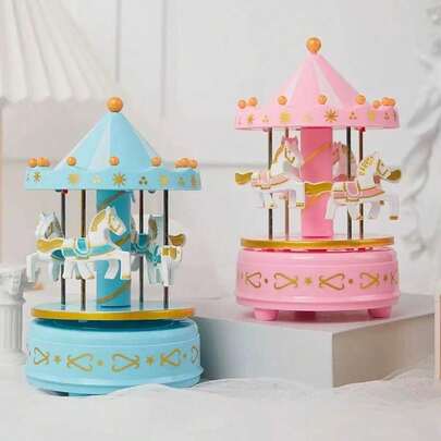 1pc Blue & Pink Luxury Rotating Carousel Cake Topper Decor, Handmade, Suitable For Birthday, Romantic Wedding Party, Luxury Rotating Carousel Cake Decor Gift, No Battery Required