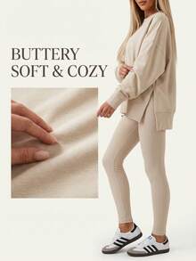 Women's 2 Piece Loungewear Set - Soft Ribbed Oversized Sweatshirt & High Waist Leggings-Ultra Soft Pajama Set For Women  - Casual Tracksuit For Airport Outfit & Lounging-Cozy Matching Outfit For Travel Yoga Home - Màu be - Xem 5