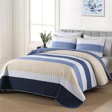 3 Pieces Boho Quilted Bedspread Set Blue Quilt Queen King Size, Bohemian Stripe Quilt Sets  Lightweight Microfiber Coverlet Bedding Set Suitable For Wedding Items, Valentines Day Home Bed Room Decor, Mothers Day Gift, All Season - 寶藍色 - 查看 3