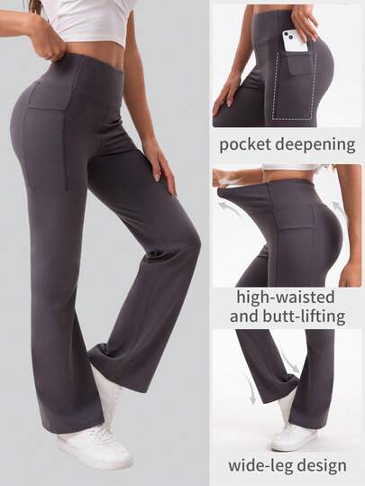 Women's Casual Yoga Flare Pants - With Pockets. Pure Color, Made Of High-Elastic Fabric, High Waist Design, Slimming And Hip-Lifting,The Pocket Is Deepened, And The Bottom Line Is Omitted For A More Concise Look.