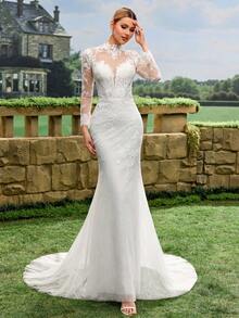 White Applique Mesh Patchwork Zipper Fitted Elegant Long Sleeve Wedding Dress - White - View 6