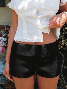 Women's Fold Over Waist Knitted Shorts Y2k Low Waist Striped Print Color Block Slim Fit Hot Pants Party Clubwear Going Out Sweater Shorts Loungewear Bottoms Stretchy Yoga Shorts Summer Casual Active Jogger Sweatshorts - 黑與白 - 查看 6