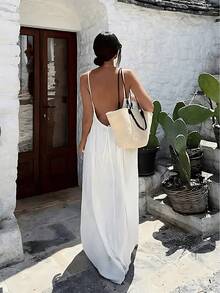 A Women's Solid Color Camisole Loungewear, Elegant Sleeveless Backless Long Dress, Summer Casual Wear, Women's Indoor Sleepwear, Beach Vacation Dress. - 白色 - 查看 5