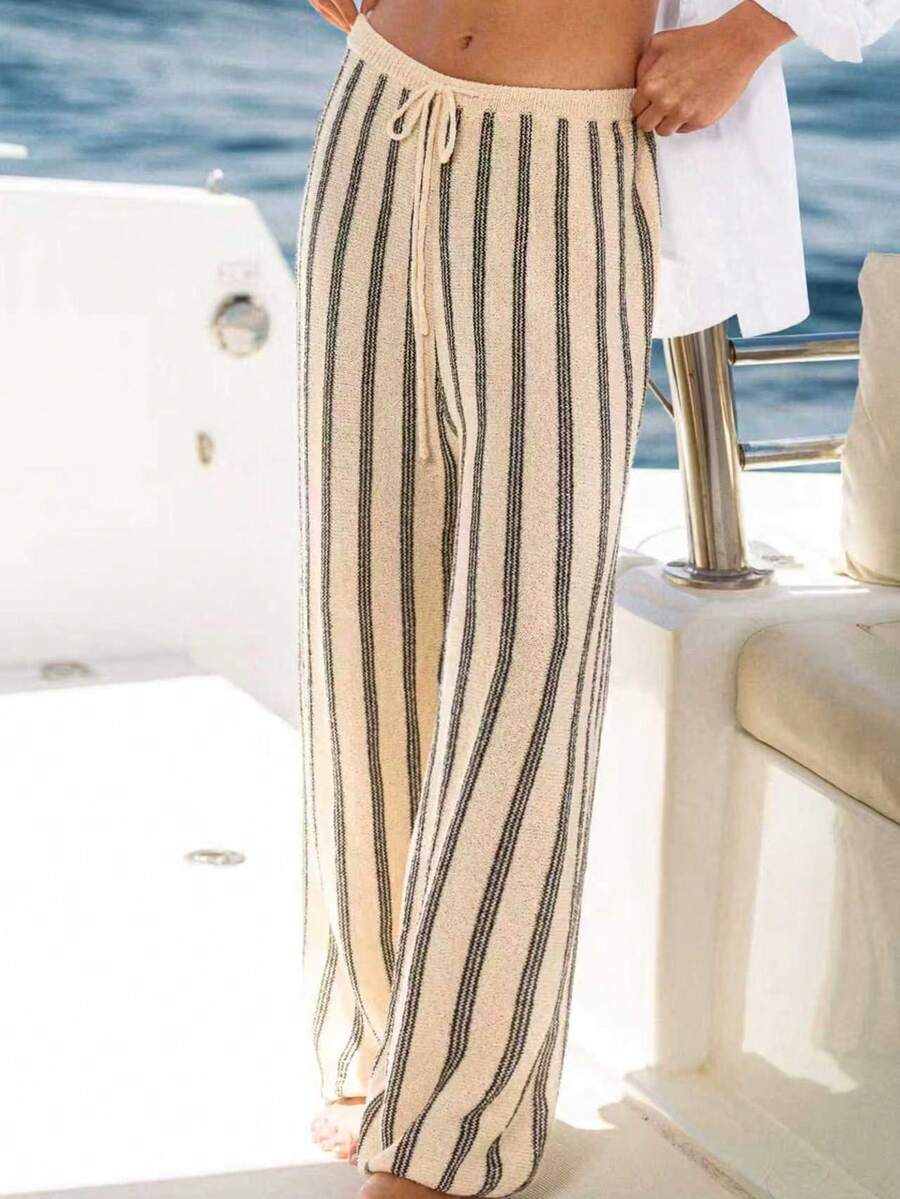 女士新款时尚百搭简约针织毛衣裤套装，适合度假、约会和日常休闲穿着 - 杏色 - 查看 1