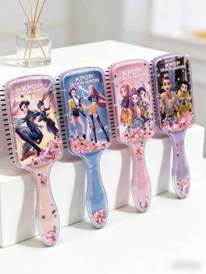 (Random 1pc) K-POP Girl Group Square Air Cushion Hair Brush, Cartoon High-Gloss Long Handle Glitter Filled Hair Brush - Cute & Fashionable Beauty Lover's Holiday Gift, Helps Detangle Hair And Massage Scalp
