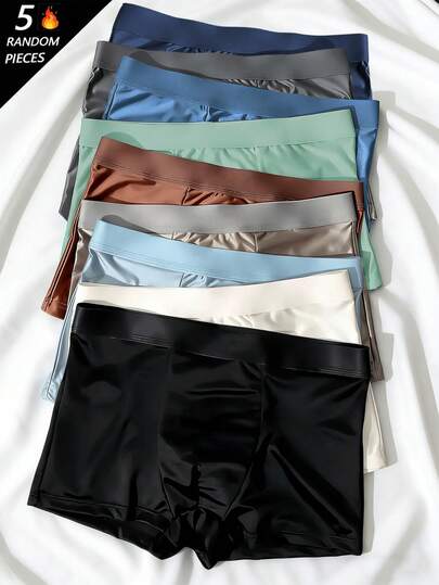 5pcs/Pack Men's Solid Color Casual Briefs, Elastic Sports Icy Silk Shorts, Daily Casual Underwear, Solid Color Semi-Sheer Briefs, Suitable For Cycling, Fitness, Daily Casual Wear, Home Wear, Men's Gift, Suitable For Holidays, Valentine's Day, Anniversary To Give To Boyfriend