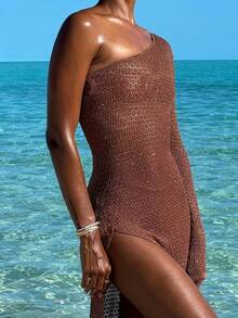 MORI 2026 Spring/Summer New Arrival Women's Brown Off-Shoulder Long-Sleeve Fitted Knit Maxi Dress Knit Fabric Sparkling Sequins Diamond-Quilted Texture Elegant Women's Wear Soft And Graceful Purely Sensual Cruise Parties Romantic Dates Beach Vacations Seaside Strolls - Brown - View 4