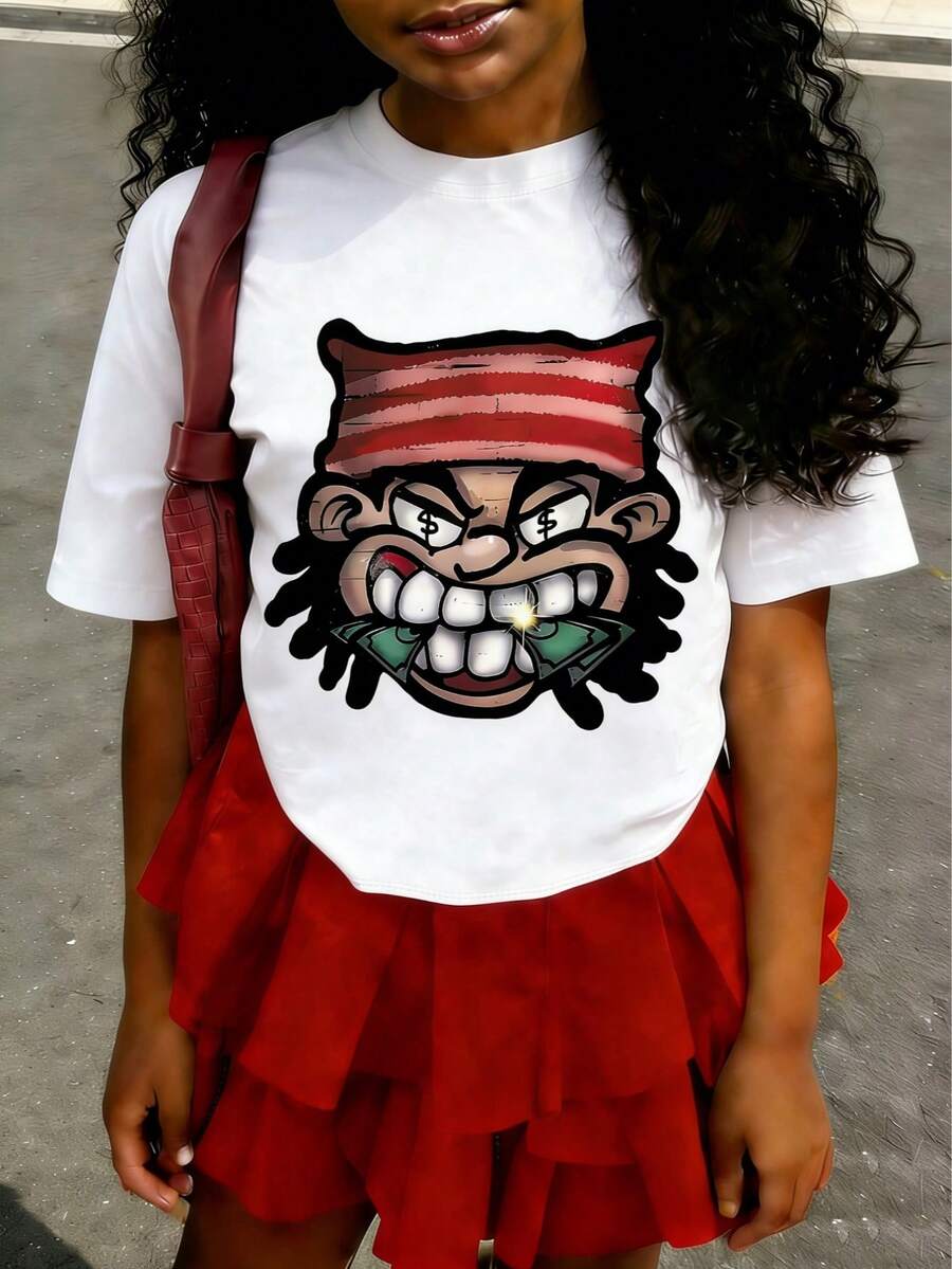 Tween Girl Cotten Clothes,Y2K-Inspired Letter Print T-Shirt - Casual Crew Neck, Short Sleeve, Machine Washable - Perfect For Spring/Summer/Fall,Fashion, Streetwear, Unisex, Men, Women - 白色 - 查看 1