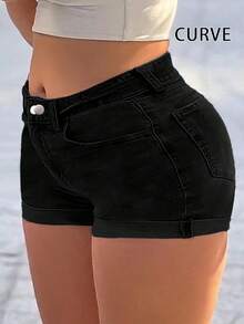 Plus Size Women's Casual Skinny Shorts, Slim Fit, Summer Black - Black - View 3