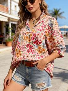 Camisa casual holgada con cuello alto, volantes y estampado floral pequeño para mujer, ideal para vacaciones y uso diario - Multicolor - Ver 9