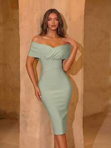 ADYCE Cross-Neck High Waist Zipper Back Fitted Mid-Length Bandage Dress For Wedding & Cocktail Party Summer Elegant - Mint Green - View 5