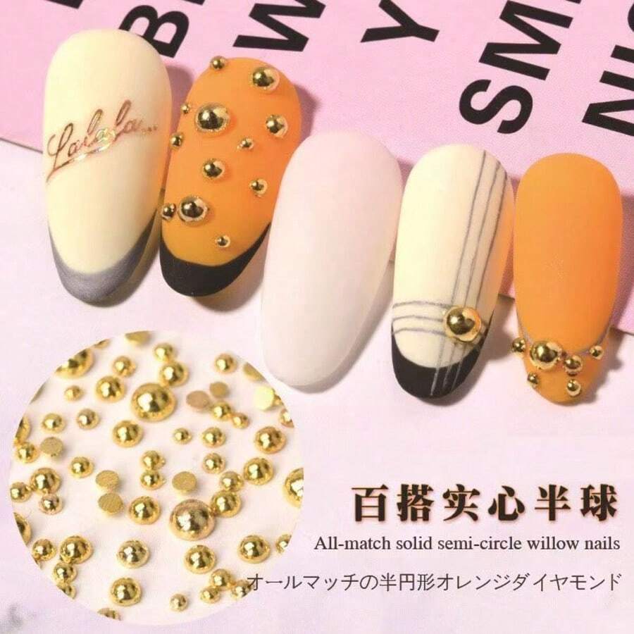 100pcs/Bag Gold Color Nail Art Faux Pearl Decorations, Popular Flat Mixed Size Nail Accessories Nails - Multicolor - View 1