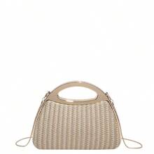 新款彩虹编织晚宴包，金色手柄链条斜挎包，小众高端手拿包，拉链手提包，度假风单肩包，复古金色手柄彩虹编织晚宴包，法式小众设计，可拆卸链条 - 米色 - 查看 11