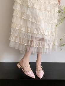 女士铆钉平底穆勒鞋，粗跟，包头，新款，适合搭配连衣裙，尖头低跟水钻软皮一脚蹬鞋 - 粉色 - 查看 3