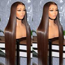 200% 密度蕾丝前假发，真人发混纺，包含直发假发、棕色直发、5x5、13x4 高清蕾丝闭合假发、真人发混纺、预修剪、带婴儿发、巴西原生直发真人发混纺假发、自然发际线、无需胶水、适合日常佩戴 - 棕色 - 查看 1