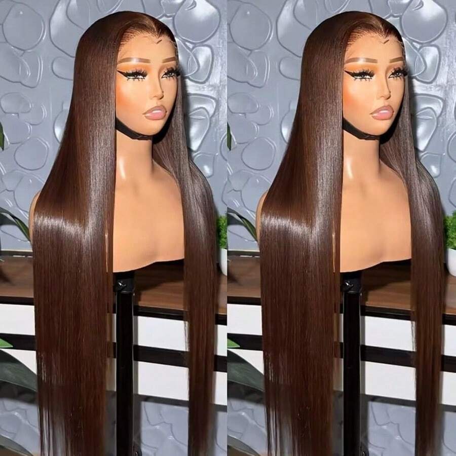 200% 密度蕾丝前假发，真人发混纺，包含直发假发、棕色直发、5x5、13x4 高清蕾丝闭合假发、真人发混纺、预修剪、带婴儿发、巴西原生直发真人发混纺假发、自然发际线、无需胶水、适合日常佩戴 - 棕色 - 查看 1