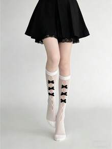 1双洛丽塔黑白过膝袜，蝴蝶结镂空设计，可爱法式女仆风腿套 - 彩色 - 查看 5