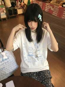 2026夏季新款女式圆领休闲宽松动漫/Y2K印花短袖T恤，百搭学生风 - 白色 - 查看 1