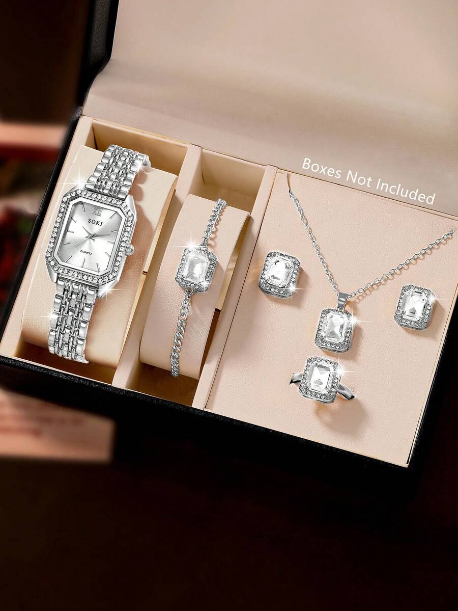 SOKI 6pcs Square Rhinestone Watch Jewelry Set, Women's Silver Twisted Quartz Wristwatch, Necklace, Earrings, Bracelet, Ring Crystal Accessories Gift Set (Gift Box Not Included) - Silver - View 1
