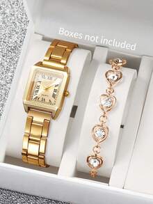 2件套女士礼品套装：方形罗马数字表盘石英表+心形水钻手链，不含表盒 - 金色 - 查看 10