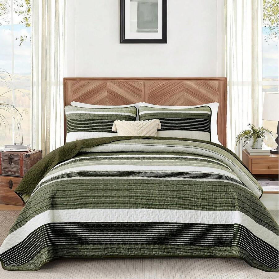 3 Pieces Queen King Size Quilt Set Sage Green Striped  Summer Patchwork Bedspreads Coverlet, Soft Lightweight Bedding Set With 2 Pillow Shams, Soft Microfiber Comforter Set Suitable For Wedding Items, Valentines Day Home Bed Room Decor, Mothers Day Gift, All Season - Sage Green - Xem 1
