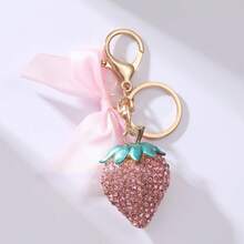 Girl's Heart-Shaped Rhinestone Strawberry Keychain, Alloy Paved Rhinestone Bow & Lobster Clasp Pendant, Sweet Fashionable Bag Charm, Popular Small Gift - Multicolor - View 5