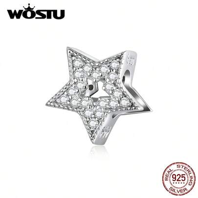 WOSTU 1pc Dazzling Cubic Zirconia Star Charm 925 Sterling Silver Shiny Star Bead Pendant Fit Original Bracelet Wedding Jewelry Gift