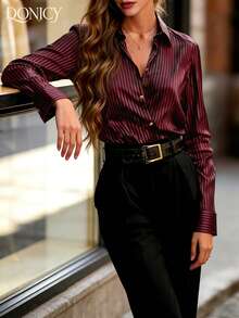 DONICY Women's Spring/Summer Burgundy Striped Lapel Single-Breasted Shacket, Fashionable Elegant Retro Luxury Outerwear For Casual, Business, Date, Party, Music Festival, Social Gathering - Burgundy - View 5