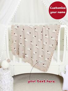 Manta de algodón tejida a mano con patrón de cordero, bordes con volantes, personalizada con nombre de bebé, apta para todas las estaciones - Camel - Ver 2