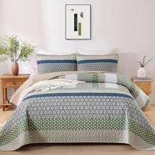 3 Pieces Boho Quilted Bedspread Set Khaki Green Quilt Queen King Size, Bohemian Stripe Quilt Sets  Lightweight Microfiber Coverlet Bedding Set Suitable For Wedding Items, Valentines Day Home Bed Room Decor, Mothers Day Gift, All Season - 卡其綠 - 查看 6