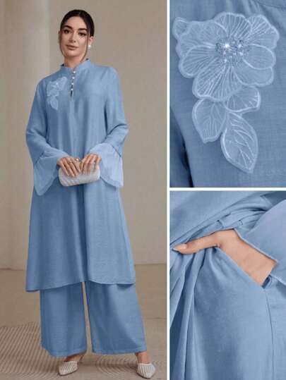 Light Blue Modest Two Pieces Outfit For Women, Highlighting A Stand Collar With Pearl Buttons And Stylish Flounce Sleeves, Adorned With Floral Appliques