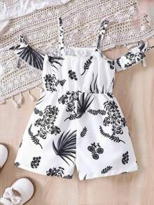 Bộ áo liền quần trễ vai thời trang cho bé gái, họa tiết thực vật đen trắng, thiết kế eo thon, thích hợp cho mùa hè. - màu đen - Xem 2