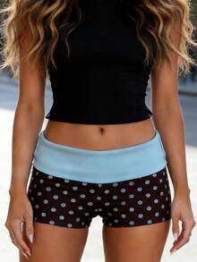 Shorts cortos de mujer con estampado de lunares, de moda veraniega, de talle bajo y con dobladillo plegable. - Marrón - Ver 5