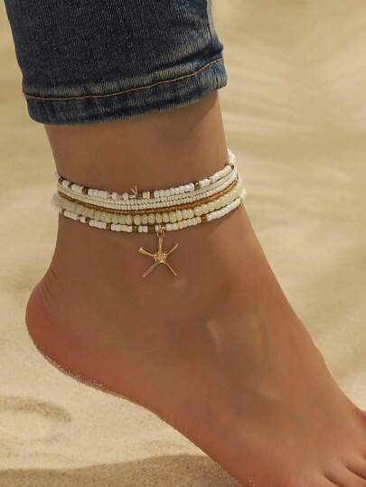 6件套波西米亚海滩度假风多色串珠脚链，夏季海洋海星合金吊坠脚链套装，适合女性海滩度假、旅行、日常搭配
